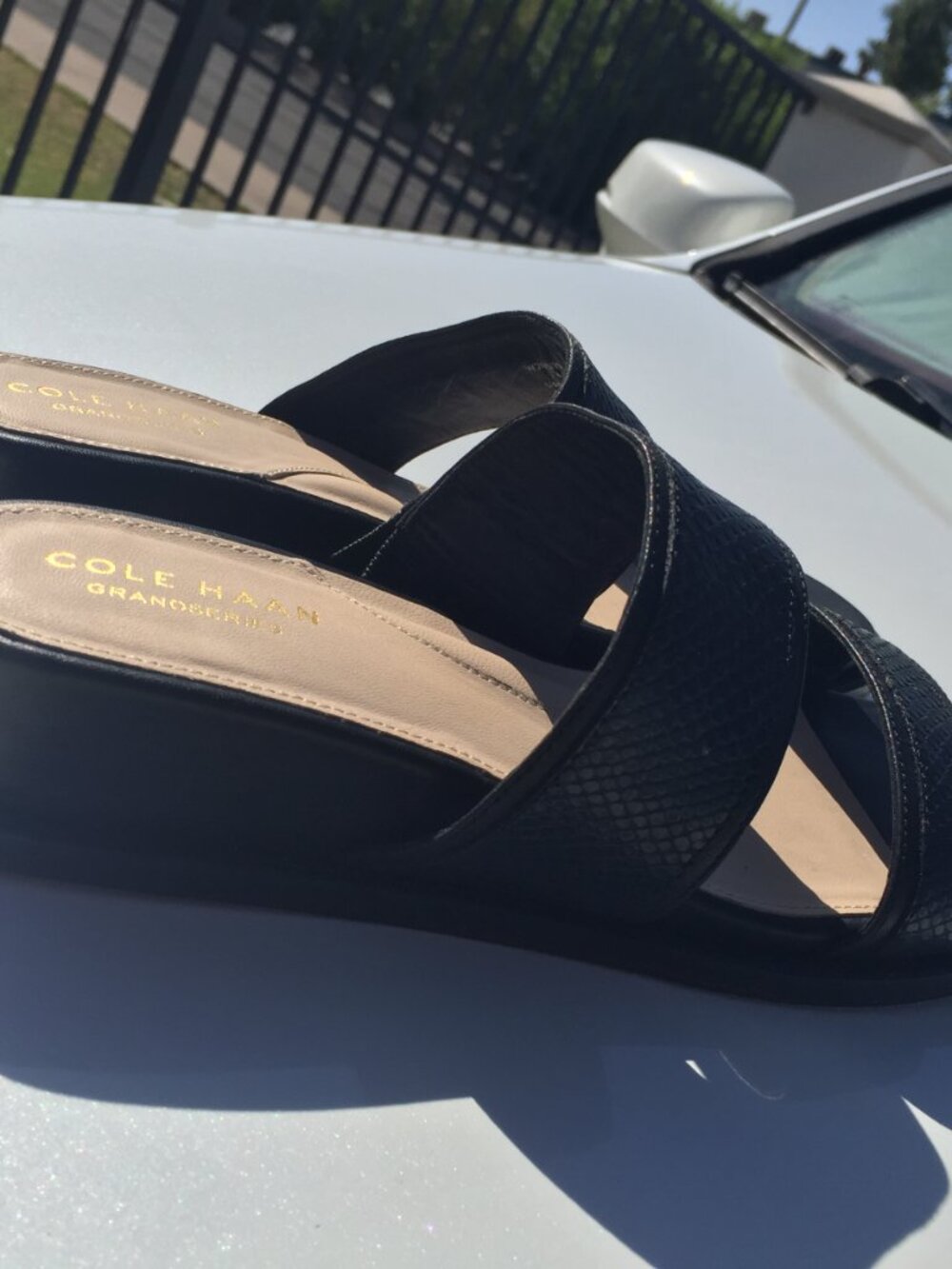 Cole Haan Wesley Demi Wedge Sandals Black Snakeskin Embossed Leather 6.5B W20525 - Picture 7 of 11